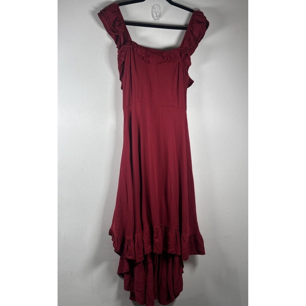 Mia Joy Burgundy Rayon Midi Dress Small Cottagecore Boho Fairycore Ruffle Hi Low